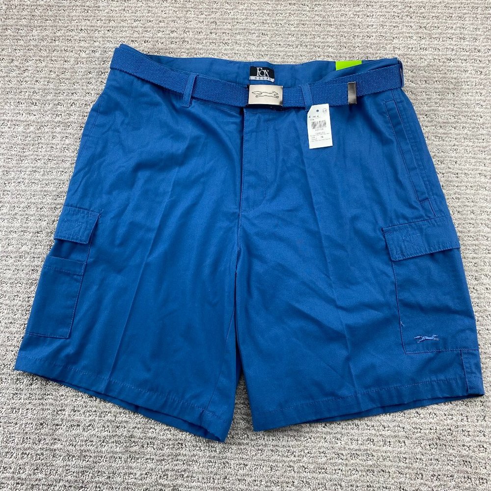 FOX Golf Cargo Shorts Men 36 Blue Flat Front Short Pants Belt Buckle with Stain